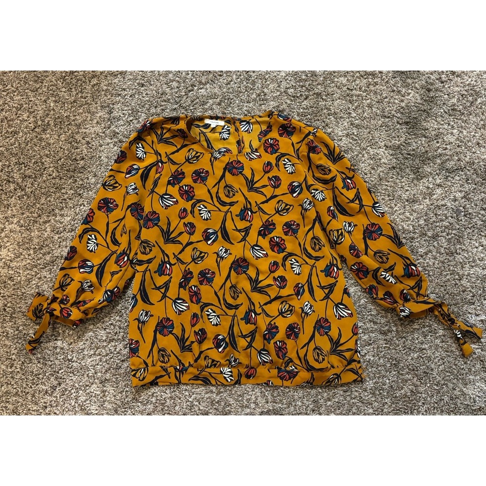 Maurices Floral Sleeve Tie Blouse Yellow Mustard Floral Tunic Top Womens Size M